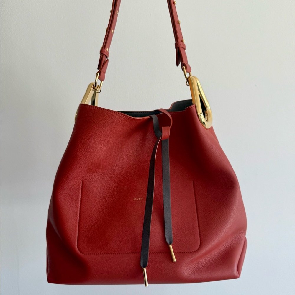 St. John Red Leather Shoulder Hobo Bag with Gold Accent